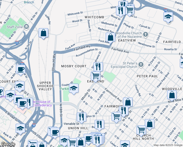 map of restaurants, bars, coffee shops, grocery stores, and more near 1404 Spotsylvania Street in Richmond