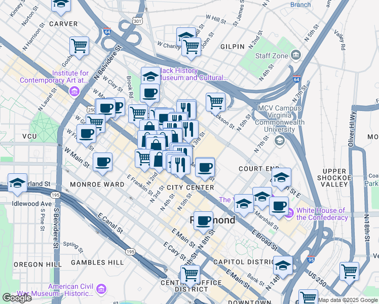 map of restaurants, bars, coffee shops, grocery stores, and more near 401 North 3rd Street in Richmond