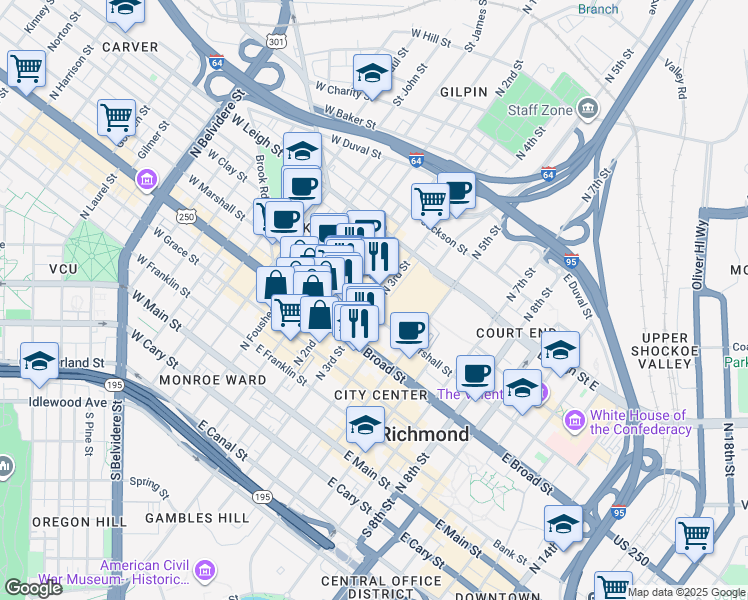 map of restaurants, bars, coffee shops, grocery stores, and more near 401 North 3rd Street in Richmond