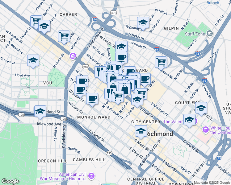 map of restaurants, bars, coffee shops, grocery stores, and more near in Richmond