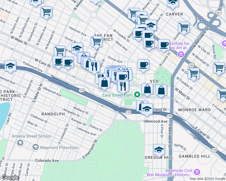 map of restaurants, bars, coffee shops, grocery stores, and more near 1212 1/2 West Cary Street in Richmond