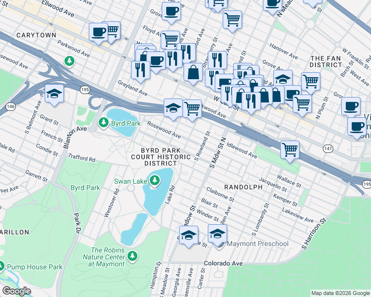 map of restaurants, bars, coffee shops, grocery stores, and more near 2116 Maplewood Avenue in Richmond