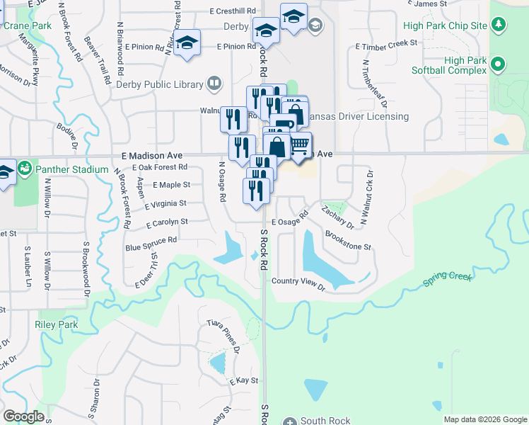 map of restaurants, bars, coffee shops, grocery stores, and more near 316 East Osage Road in Derby