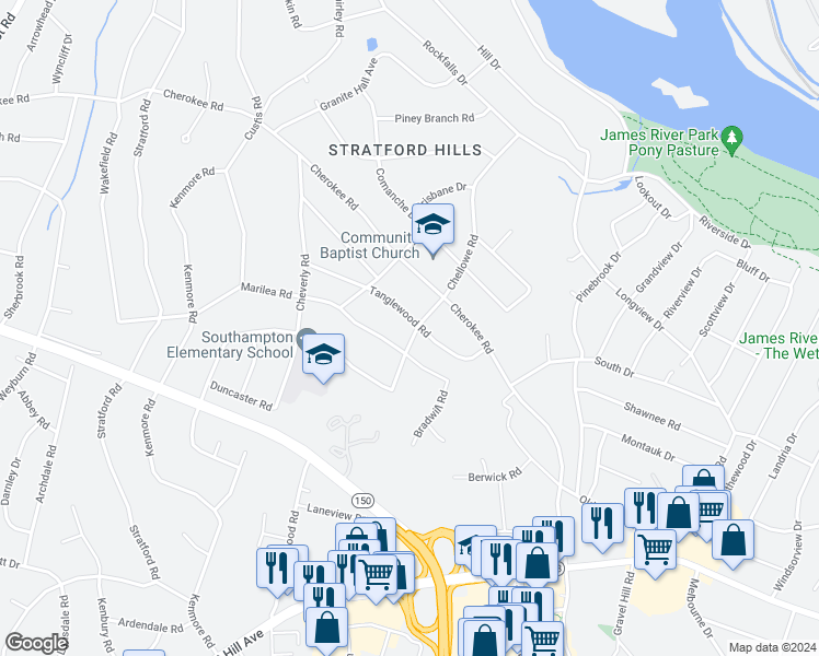 map of restaurants, bars, coffee shops, grocery stores, and more near 7501 Tanglewood Road in Richmond