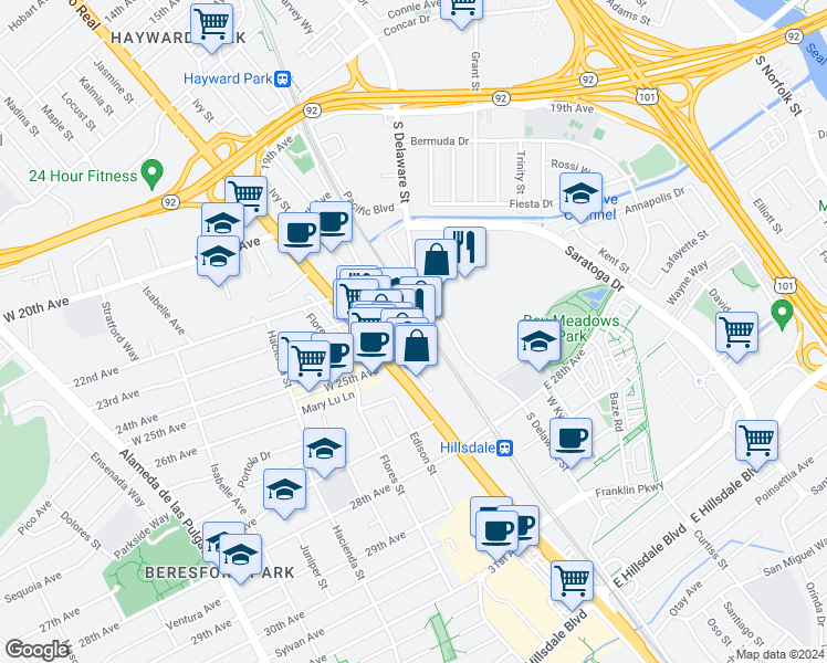 map of restaurants, bars, coffee shops, grocery stores, and more near East 25th Avenue in San Mateo