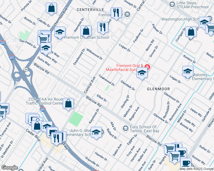 map of restaurants, bars, coffee shops, grocery stores, and more near 4865 Los Arboles Place in Fremont