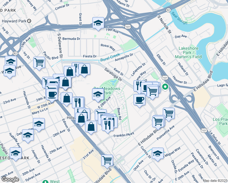 map of restaurants, bars, coffee shops, grocery stores, and more near 496 East 28th Avenue in San Mateo