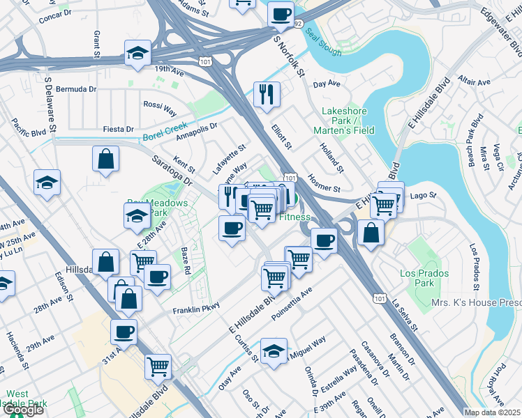 map of restaurants, bars, coffee shops, grocery stores, and more near 1075 Park Place in San Mateo