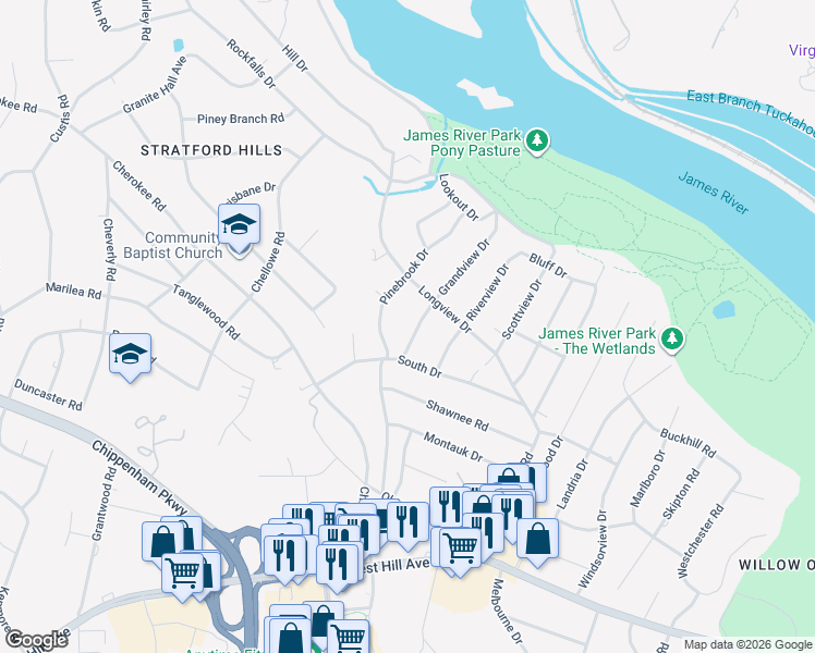 map of restaurants, bars, coffee shops, grocery stores, and more near 3330 Grandview Drive in Richmond