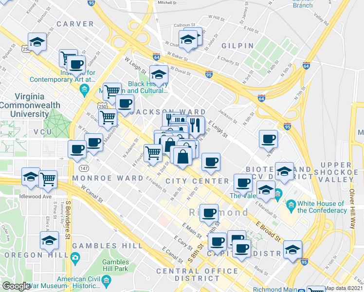 map of restaurants, bars, coffee shops, grocery stores, and more near 209 East Marshall Street in Richmond