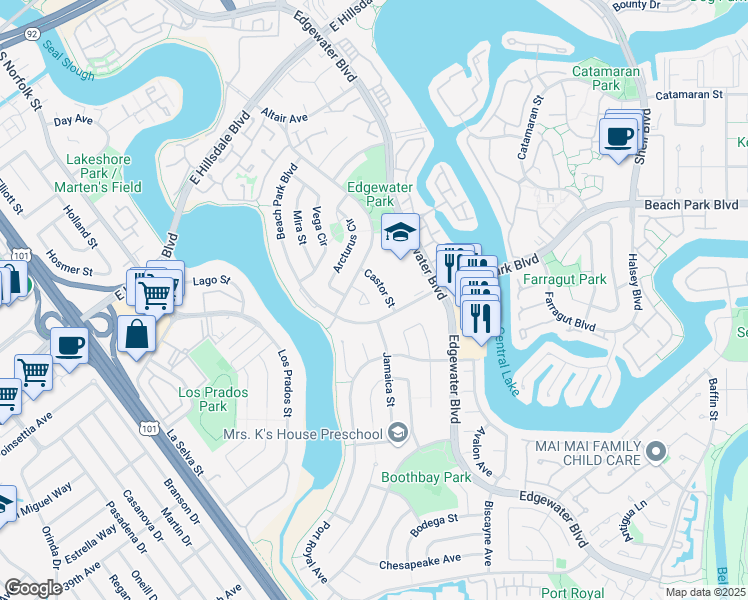 map of restaurants, bars, coffee shops, grocery stores, and more near 850 Pollux Court in Foster City