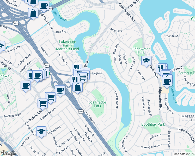 map of restaurants, bars, coffee shops, grocery stores, and more near 3077 Los Prados Street in San Mateo