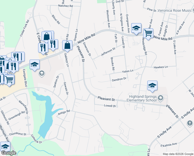 map of restaurants, bars, coffee shops, grocery stores, and more near 5502 Dendron Drive in Richmond