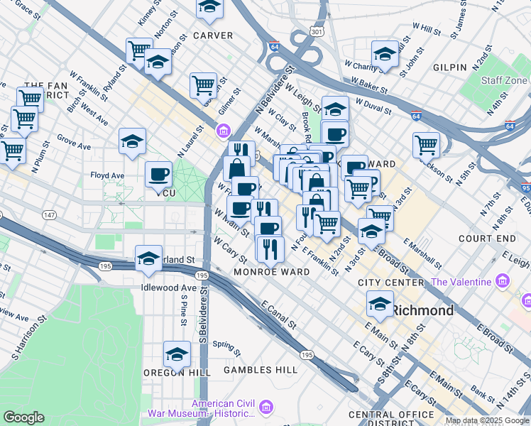 map of restaurants, bars, coffee shops, grocery stores, and more near 110 West Franklin Street in Richmond