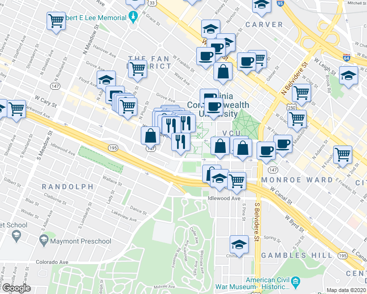 map of restaurants, bars, coffee shops, grocery stores, and more near 12 South Harrison Street in Richmond