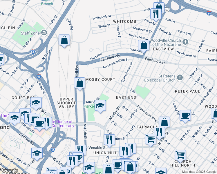 map of restaurants, bars, coffee shops, grocery stores, and more near 1333 Littlepage Street in Richmond
