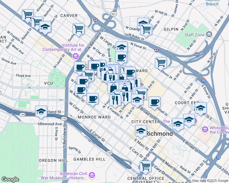 map of restaurants, bars, coffee shops, grocery stores, and more near 1 West Broad Street in Richmond
