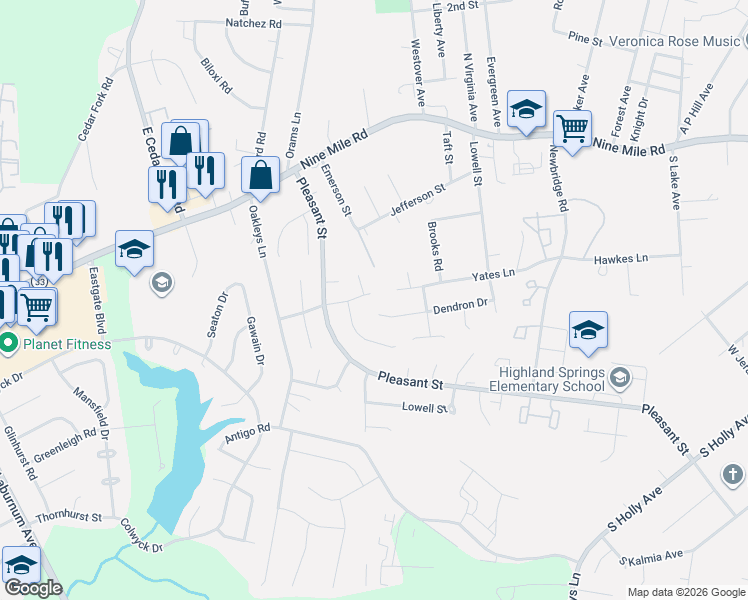 map of restaurants, bars, coffee shops, grocery stores, and more near 5502 Dendron Drive in Richmond