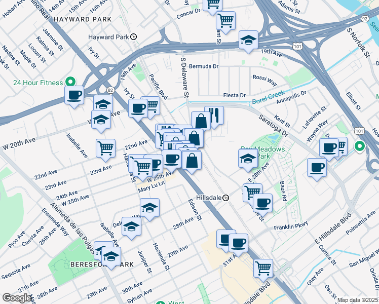 map of restaurants, bars, coffee shops, grocery stores, and more near 116 East 25th Avenue in San Mateo