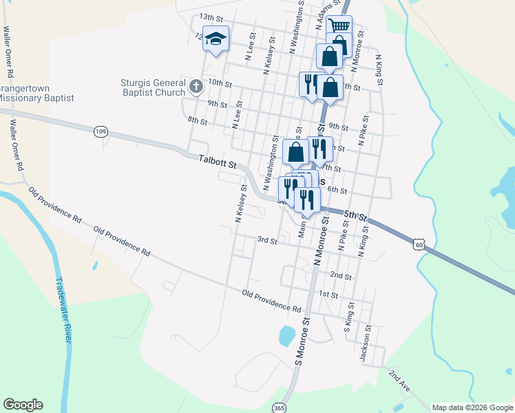 map of restaurants, bars, coffee shops, grocery stores, and more near 105 West 4th Street in Sturgis