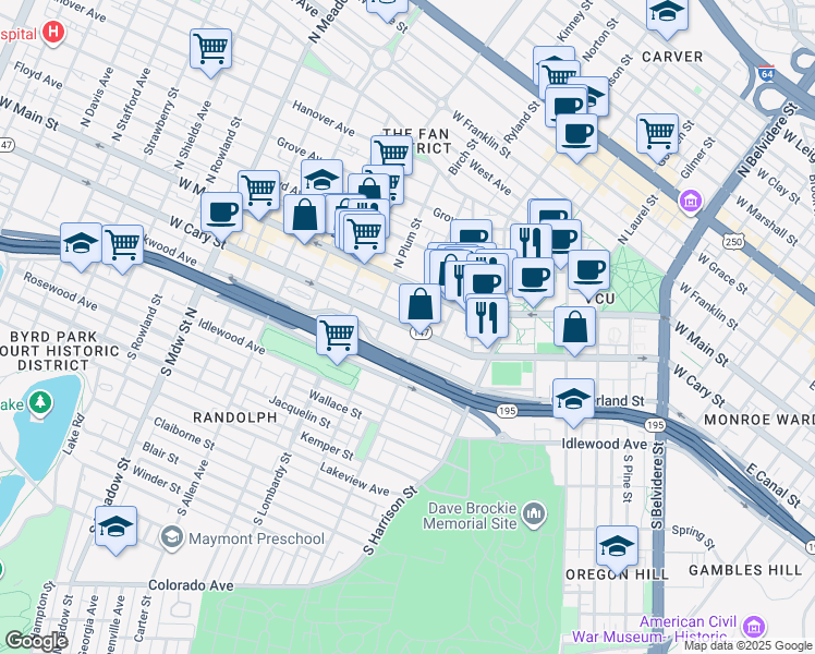 map of restaurants, bars, coffee shops, grocery stores, and more near W Cary St & S Harvie St in Richmond