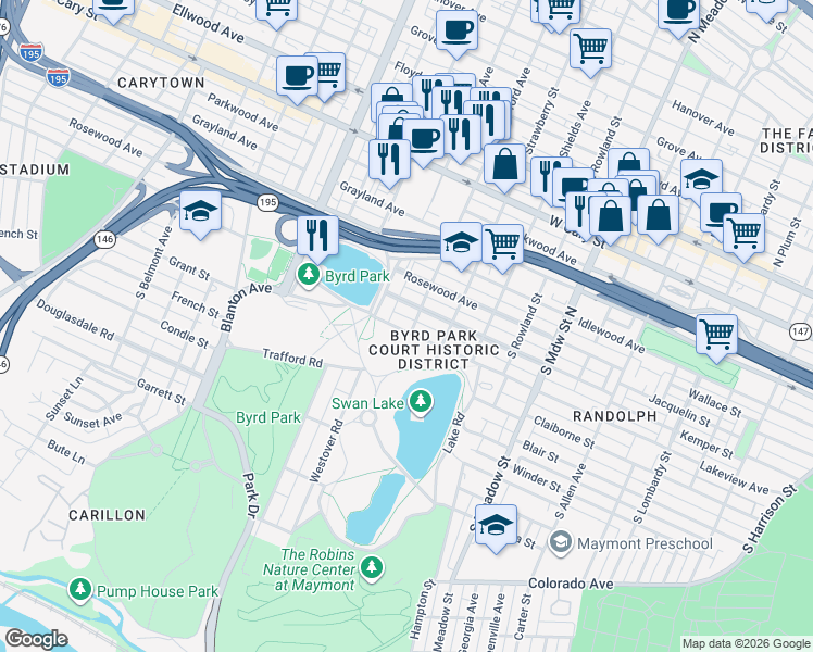 map of restaurants, bars, coffee shops, grocery stores, and more near 2304 1/2 Lakeview Avenue in Richmond