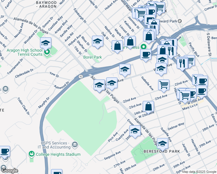 map of restaurants, bars, coffee shops, grocery stores, and more near 2001 Alameda de las Pulgas in San Mateo