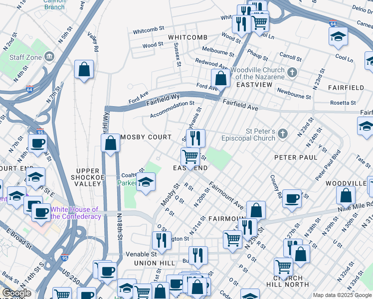 map of restaurants, bars, coffee shops, grocery stores, and more near 1421 Spotsylvania Street in Richmond
