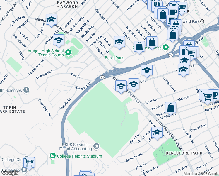 map of restaurants, bars, coffee shops, grocery stores, and more near 1900 Alameda de las Pulgas in San Mateo