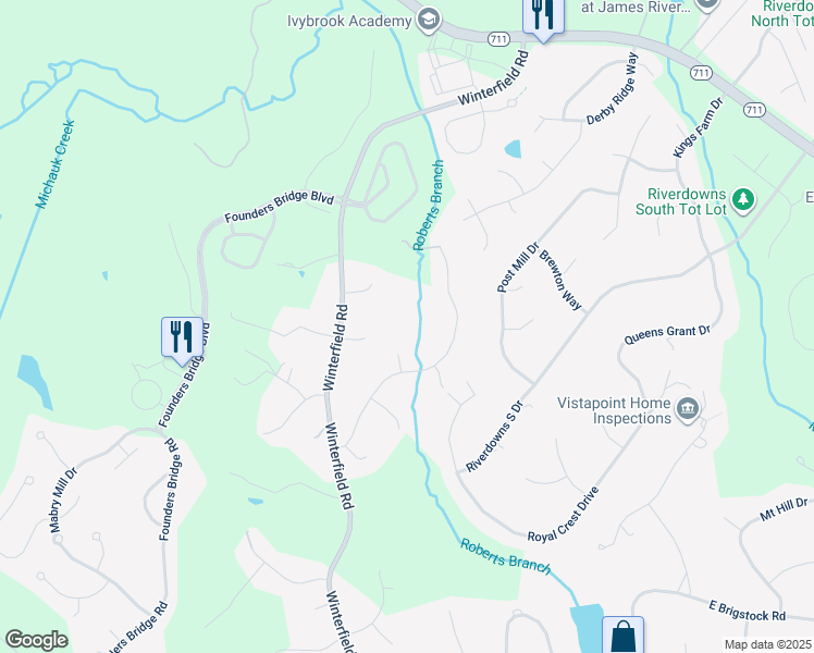 map of restaurants, bars, coffee shops, grocery stores, and more near 3403 Crossings Way Circle in Midlothian