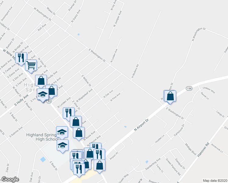 map of restaurants, bars, coffee shops, grocery stores, and more near 223 North Oak Avenue in Henrico