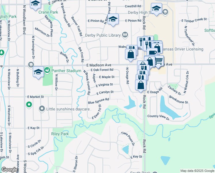 map of restaurants, bars, coffee shops, grocery stores, and more near 1512-1598 East Carolyn Street in Derby