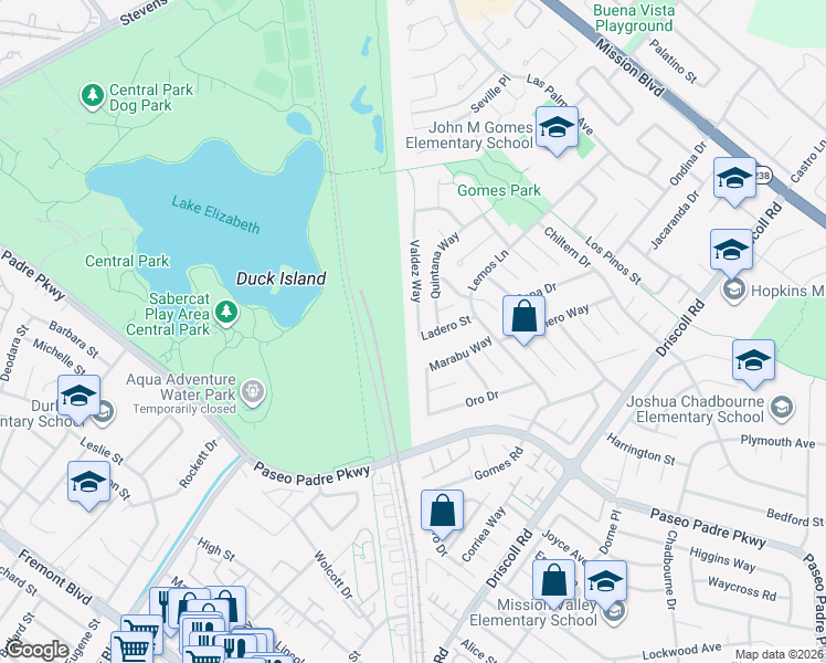 map of restaurants, bars, coffee shops, grocery stores, and more near 1765 Valdez Way in Fremont
