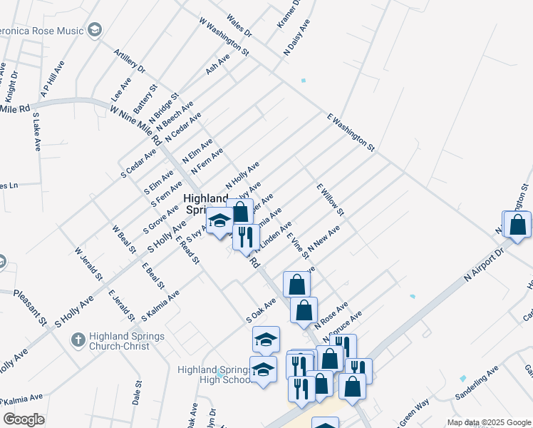 map of restaurants, bars, coffee shops, grocery stores, and more near 24 North Kalmia Avenue in Henrico