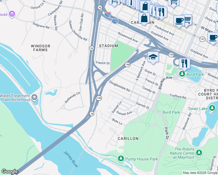 map of restaurants, bars, coffee shops, grocery stores, and more near 3215 Garrett Street in Richmond