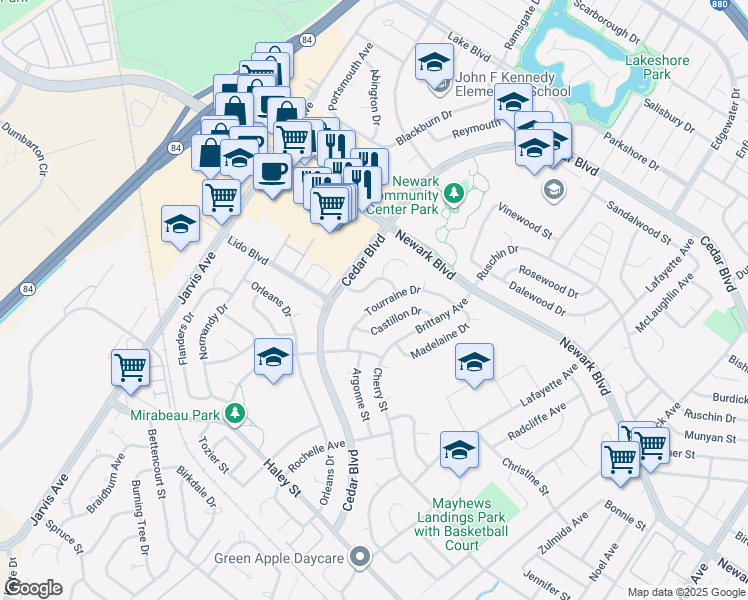 map of restaurants, bars, coffee shops, grocery stores, and more near 6179 Tourraine Drive in Newark