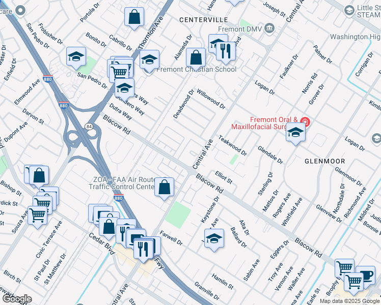 map of restaurants, bars, coffee shops, grocery stores, and more near Old Canyon Road in Fremont