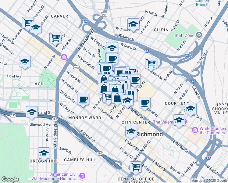 map of restaurants, bars, coffee shops, grocery stores, and more near 112 U.S. 33 in Richmond