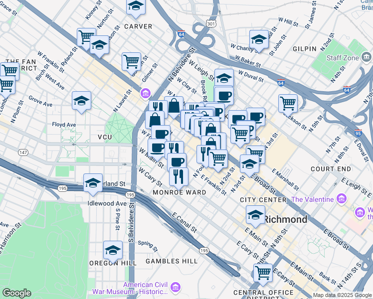 map of restaurants, bars, coffee shops, grocery stores, and more near 110 West Franklin Street in Richmond