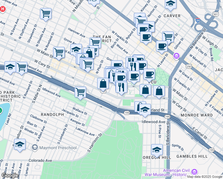 map of restaurants, bars, coffee shops, grocery stores, and more near 1212 1/2 West Cary Street in Richmond