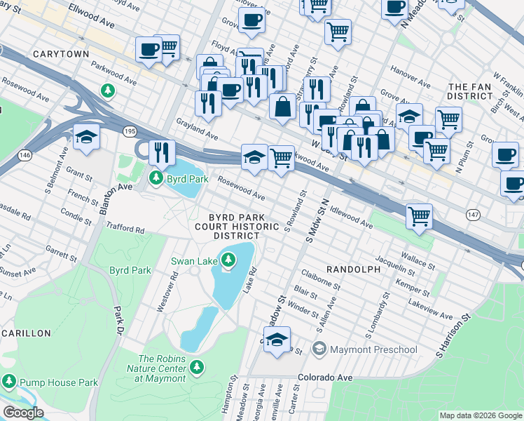 map of restaurants, bars, coffee shops, grocery stores, and more near 2219 Maplewood Avenue in Richmond