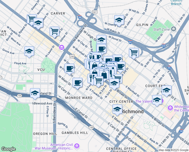 map of restaurants, bars, coffee shops, grocery stores, and more near in Richmond