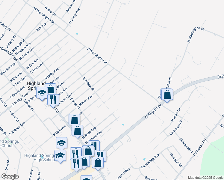map of restaurants, bars, coffee shops, grocery stores, and more near 223 North Oak Avenue in Highland Springs