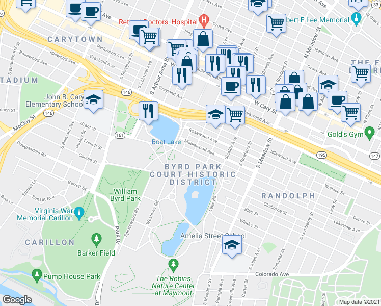 map of restaurants, bars, coffee shops, grocery stores, and more near 2400 Lakeview Avenue in Richmond