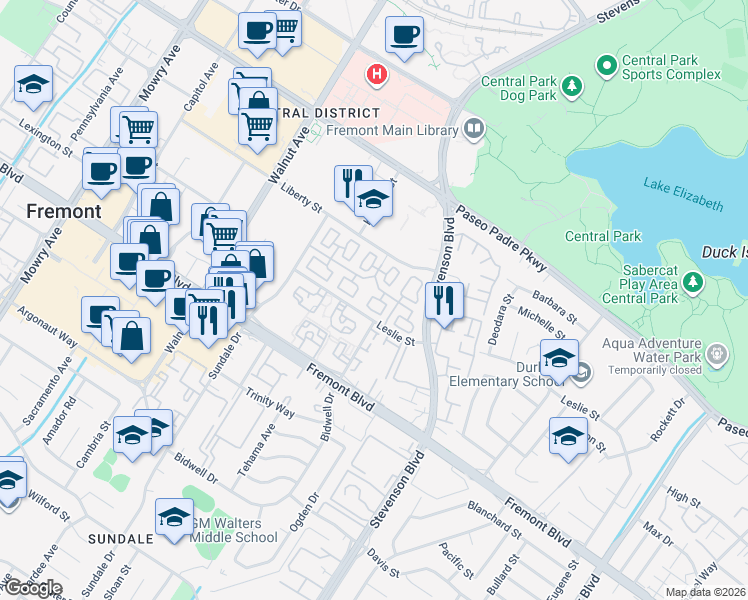 map of restaurants, bars, coffee shops, grocery stores, and more near 3518 Madison Common in Fremont