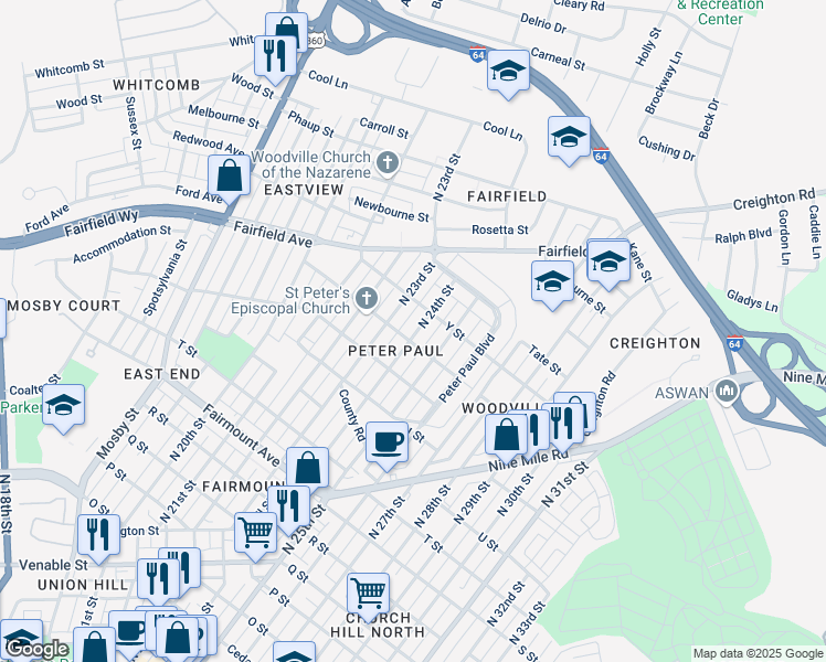 map of restaurants, bars, coffee shops, grocery stores, and more near in Richmond
