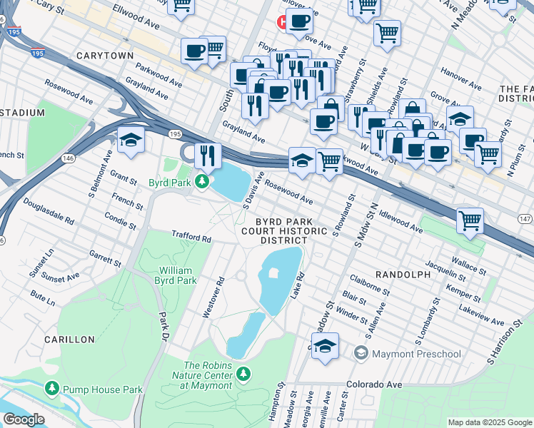 map of restaurants, bars, coffee shops, grocery stores, and more near 2400 Lakeview Avenue in Richmond