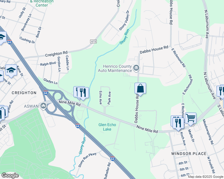 map of restaurants, bars, coffee shops, grocery stores, and more near 521 Park Avenue in Richmond