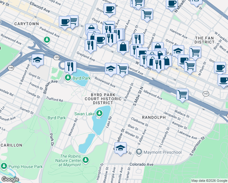 map of restaurants, bars, coffee shops, grocery stores, and more near 2219 Maplewood Avenue in Richmond