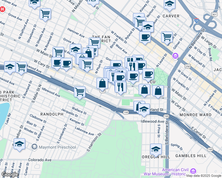 map of restaurants, bars, coffee shops, grocery stores, and more near 1212 1/2 West Cary Street in Richmond